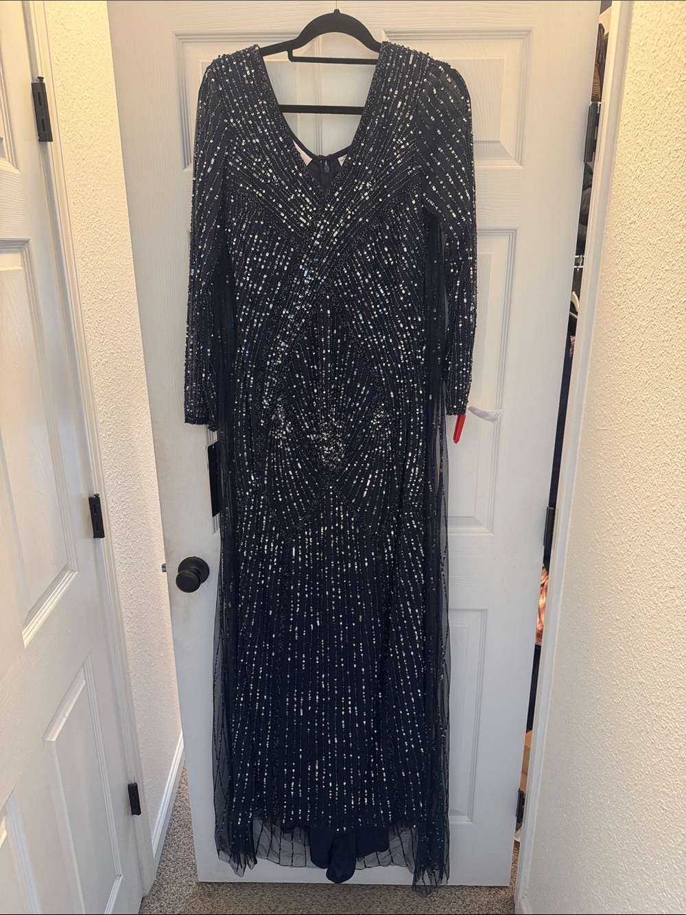 LARA Navy  Sequin Long Sleeve Cape Gown